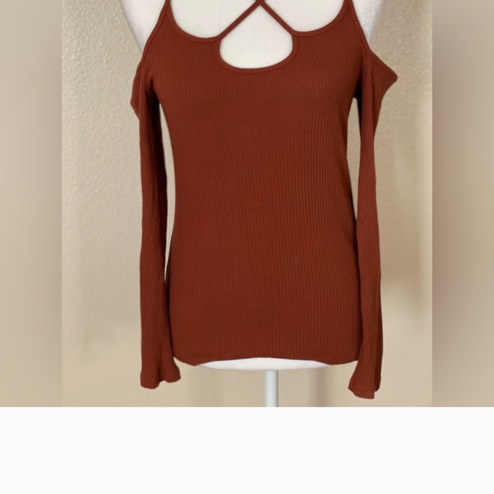 Brown Long Sleeve Cut-Out Blouse